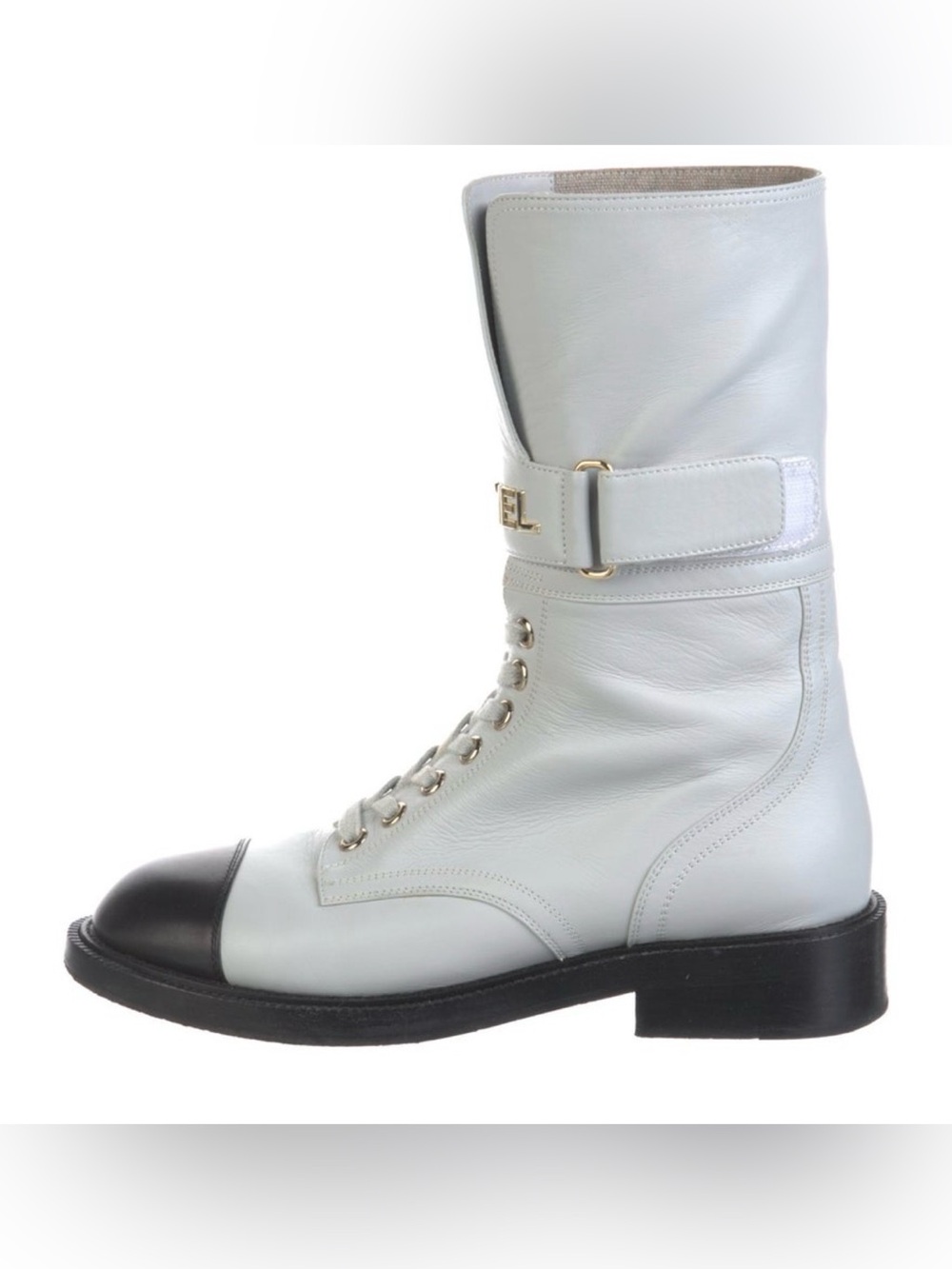 CHANEL Grey black Leather Lace-Up Boots with Black Cap Toe and Gold Logo Strap - Picture 5 of 16